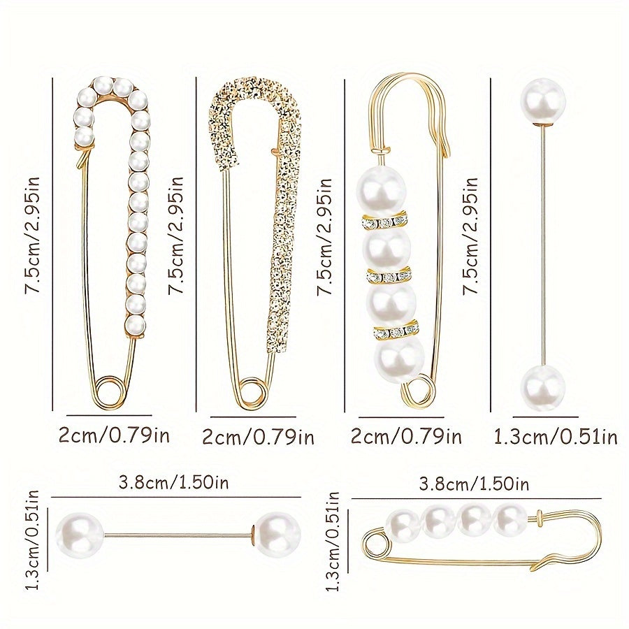 Set of pearl and crystal brooches with measurements on a white background