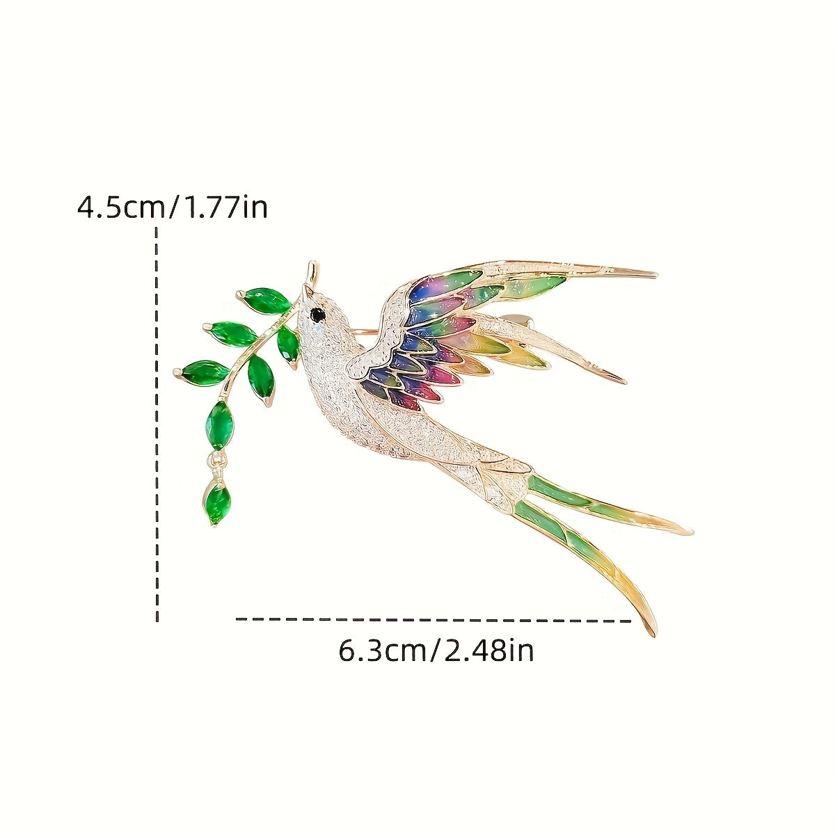 Colorful bird-shaped brooch with measurements on a white background