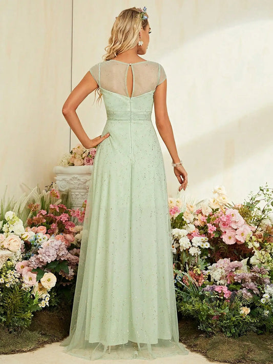 Gold Mesh Short Sleeve Evening Gown