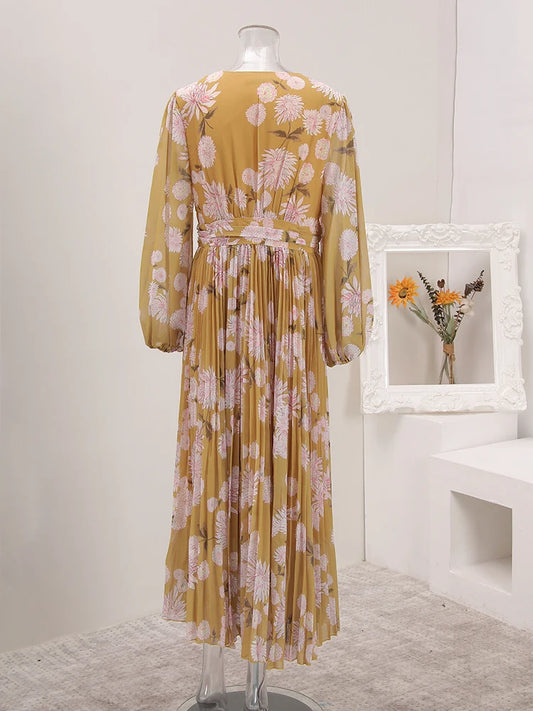 BOC-WEAR LANMREM Pleated Long Dress - Floral Print Lace-Up Dress for Church - BOC-WEAR