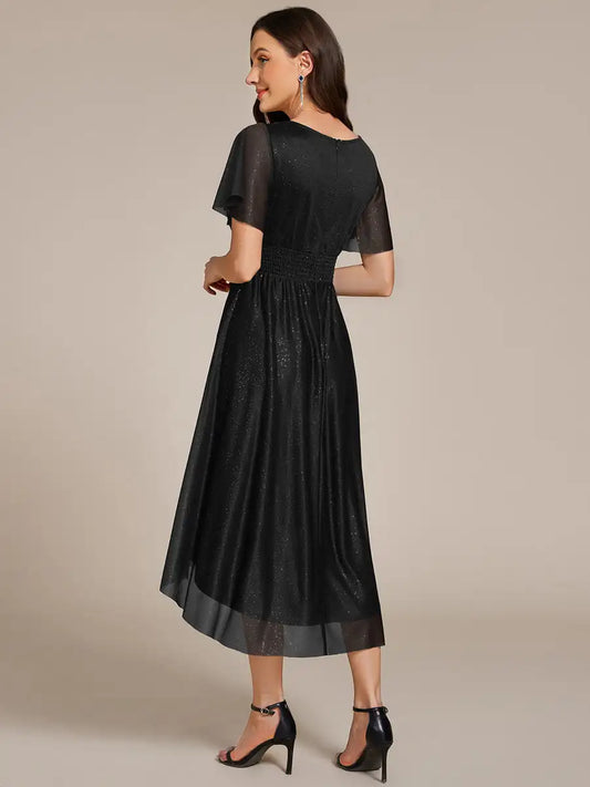 Elegant Evening Dresses Short Sleeves Pleated Ruffle Round Neck Asymmetrical 2025 Ever Pretty of Black Wedding Guest Dress