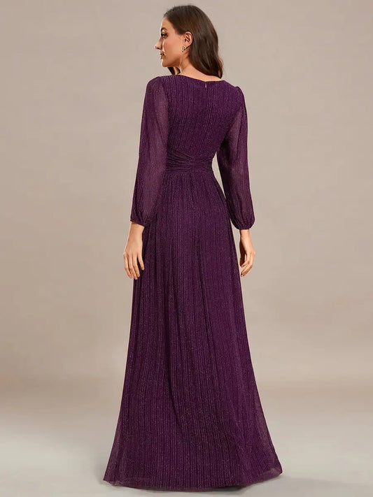V-Neck Long Sleeve Sparkle Evening Gown