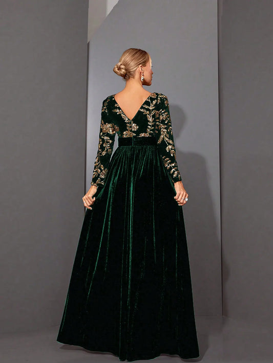 Sequin Velvet Long Sleeve Evening Dress