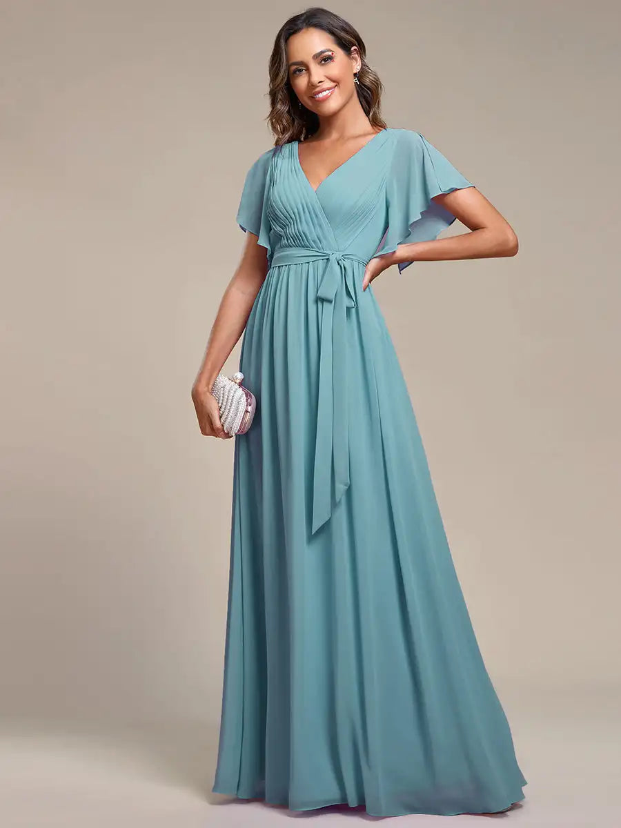 Elegant Evening dresses Deep V Neck Ruffles Sleeves Floor-Length Gown 2025 Ever pretty of Chiffon Dusty Rose Prom Women Dress