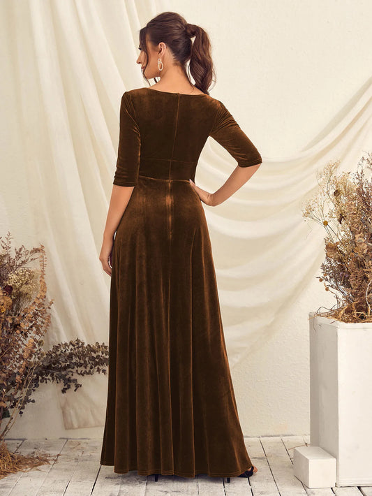 V-Neck Plush Cross-Ruffled Evening Dress