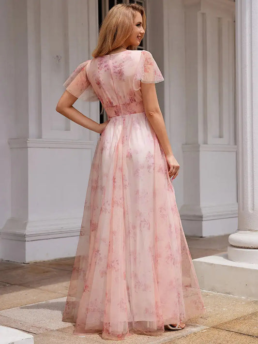 Elegant Evening Dresses Floral Tulle Deep V-Neck Short Sleeve 2025 Ever Pretty of Printing Pink Bridesmaid Dress