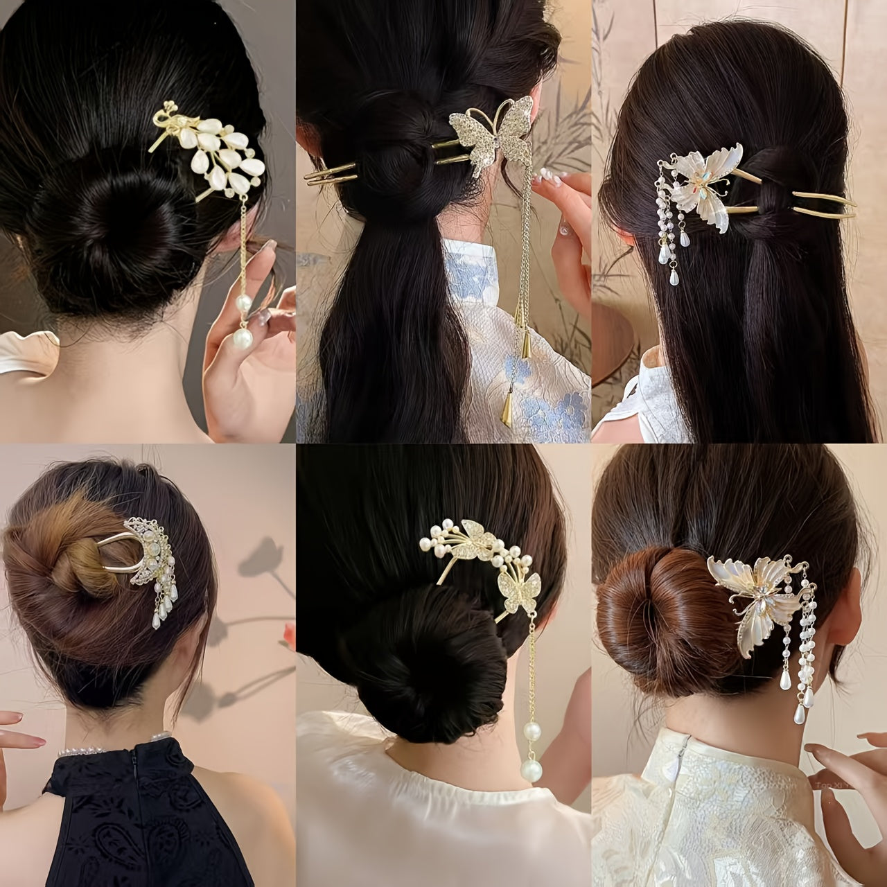 Collage of a woman with decorative hairpins in her hair against a neutral background.
