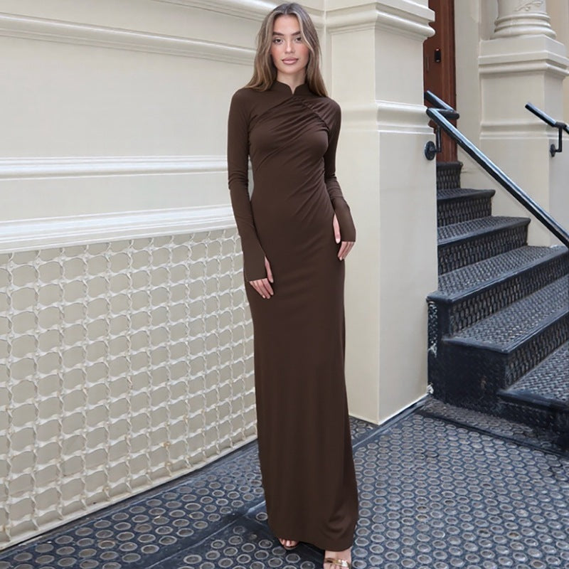 Fashionable Temperament Back Slit Long Sleeve Arm Covering Dress