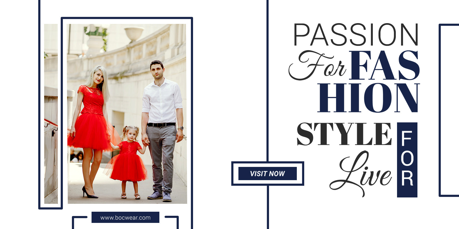 Family in formal attire with text 'Passion for Fashion, Style, Live' on a white background