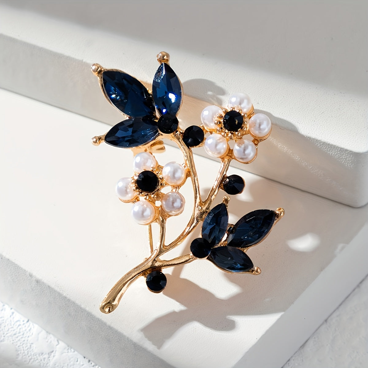 Elegant Leaf Brooch - Deep Blue Rhinestone KC Golden Plated Pin