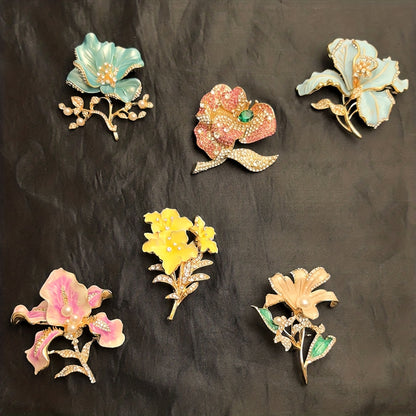 6pcs Rhinestone Flower Brooch Set - KC Golden Plated Pin Collection
