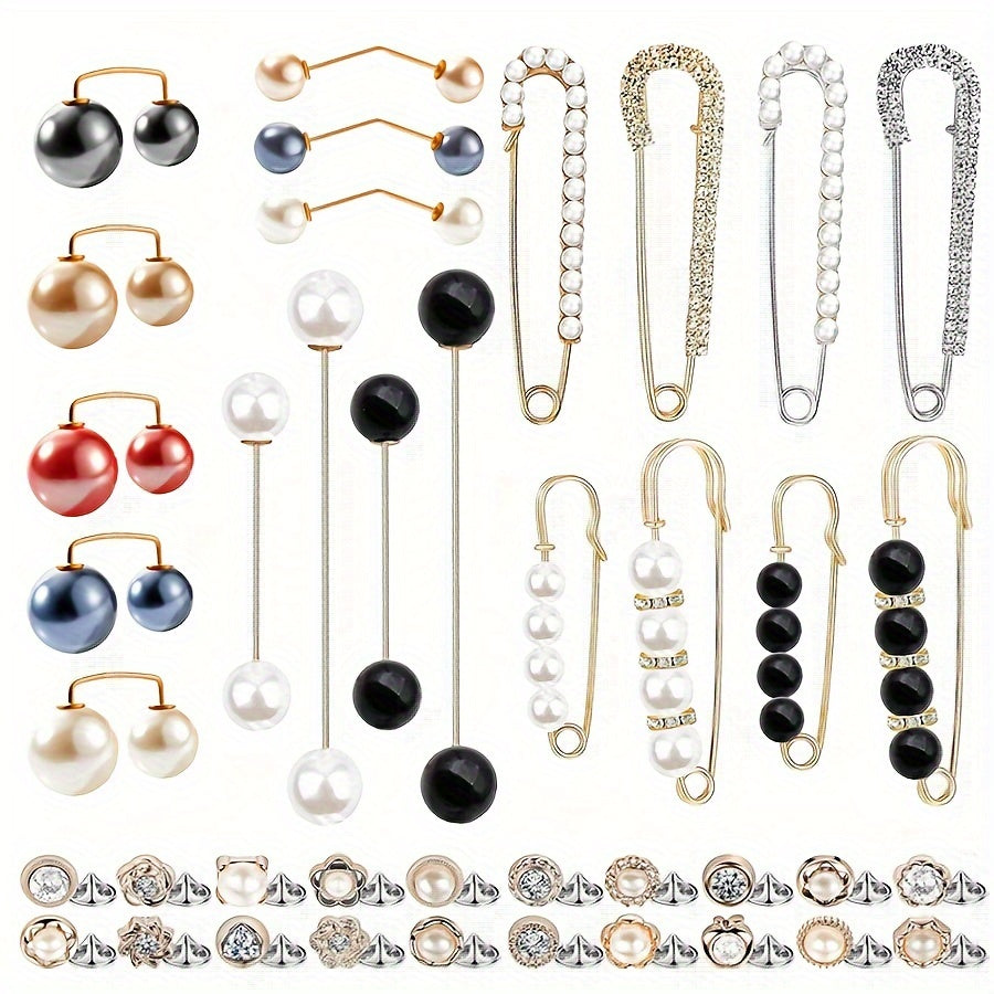 Collection of pearl and gemstone jewelry including earrings, pins, and brooches.
