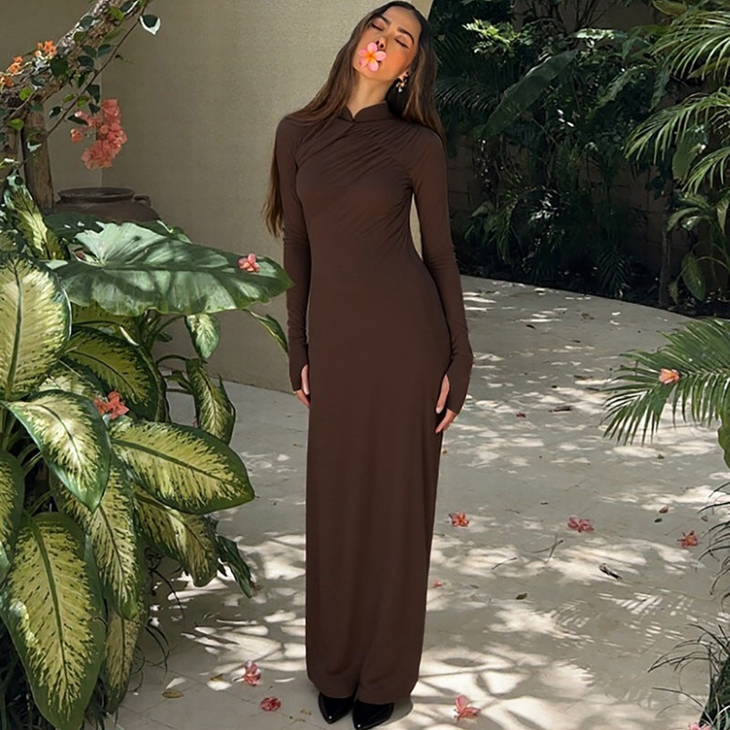 Fashionable Temperament Back Slit Long Sleeve Arm Covering Dress