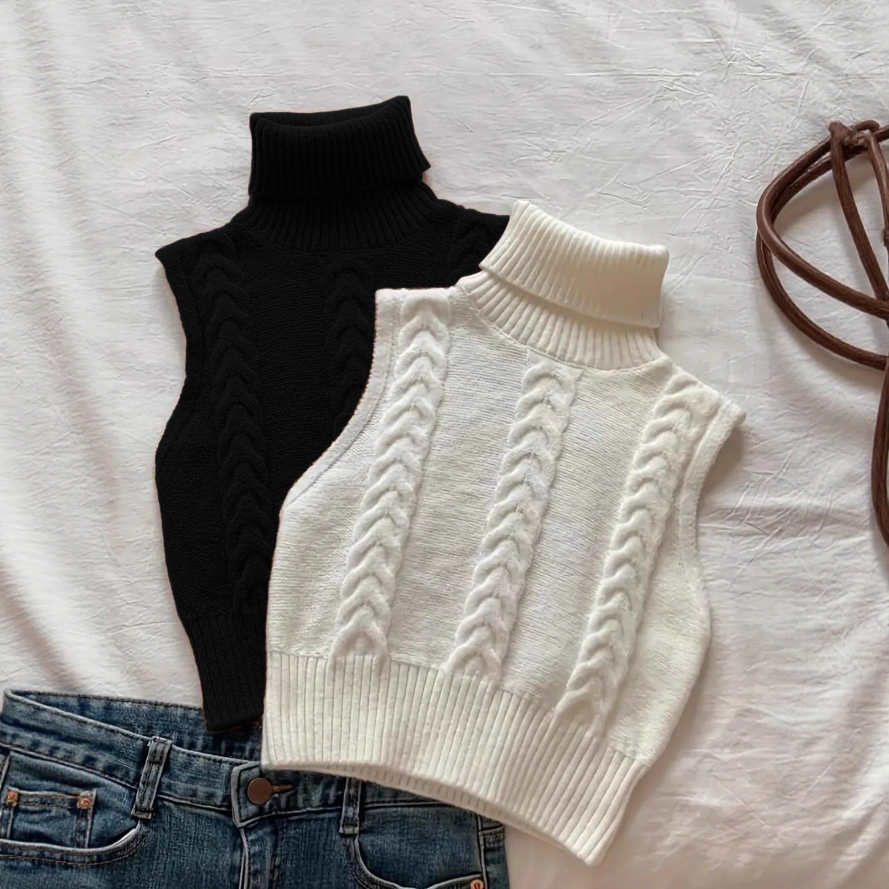 BOC-WEAR Cable-Knit Turtleneck Sweater Vest - Women's Sleeveless Knit Top - BOC-WEAR