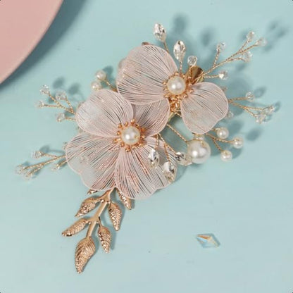 Rose Gold Wedding Hair Clip - Rhinestone Bridal Hairpiece with Leaf & Flower