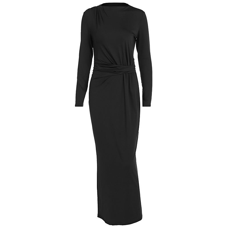 Long Sleeve Fitted Waist Pleated Slim-fit Long Dress