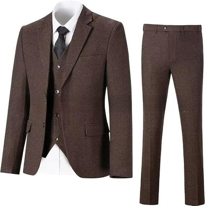 Men's Herringbone Pattern Slim Three Pieces Work Suit - BOC-WEAR