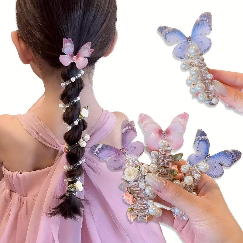 Butterfly Headbands 2pcs - Pearl & Floral Mesh Design for Girls