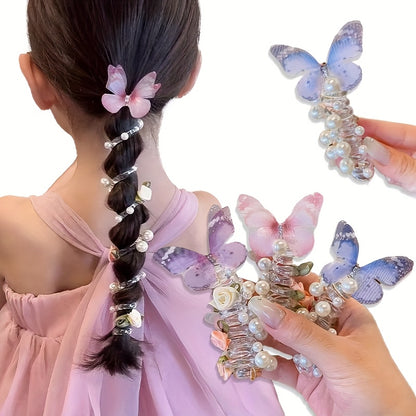 Butterfly Headbands 2pcs - Pearl & Floral Mesh Design for Girls