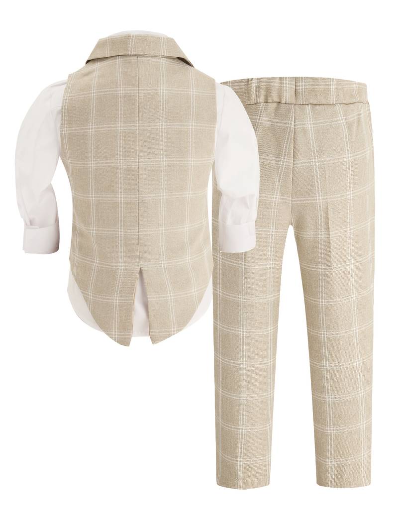 cs Boys' Uniform Suit Set - Beige & White Plaid Vest, Pants & Bow Tie Outfit - BOC-WEAR