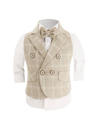 cs Boys' Uniform Suit Set - Beige & White Plaid Vest, Pants & Bow Tie Outfit - BOC-WEAR
