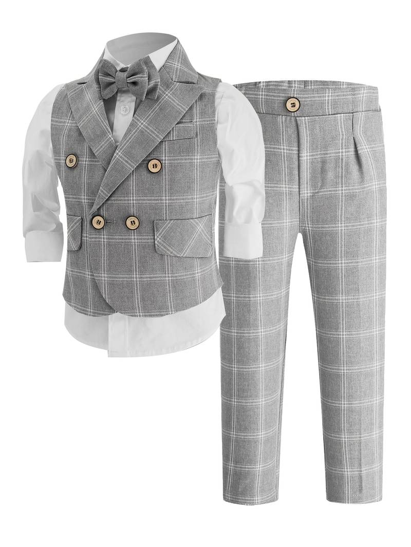 Boys gray and white plaid 3-piece suit set with vest, pants and bow tie for weddings- BOCWEAR