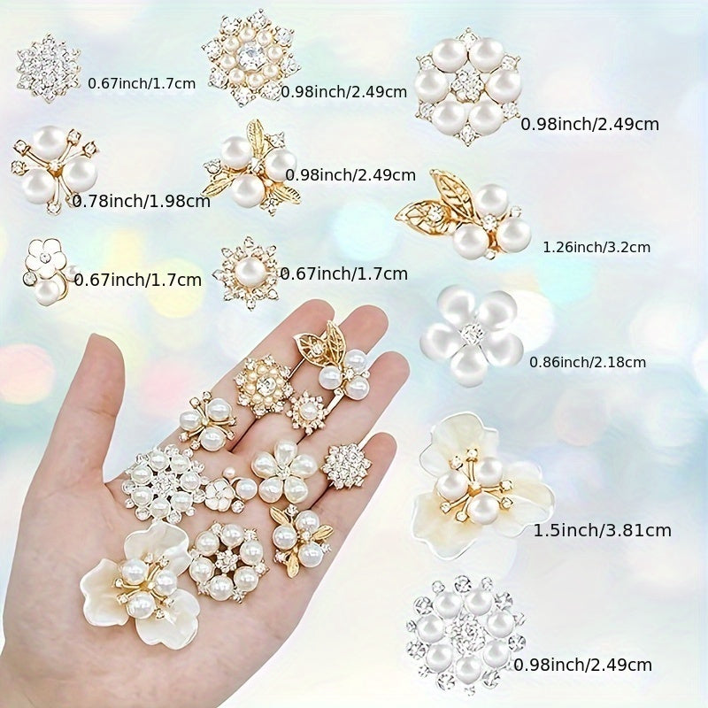Collection of pearl and gold decorative elements with measurements on a blurred background