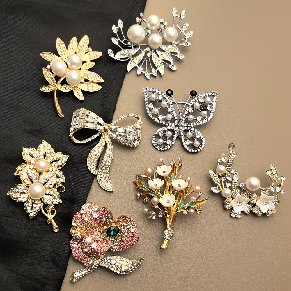 8pcs Flower Brooch Set - Multicolor Gemstone & Pearl Rhinestone Pins
