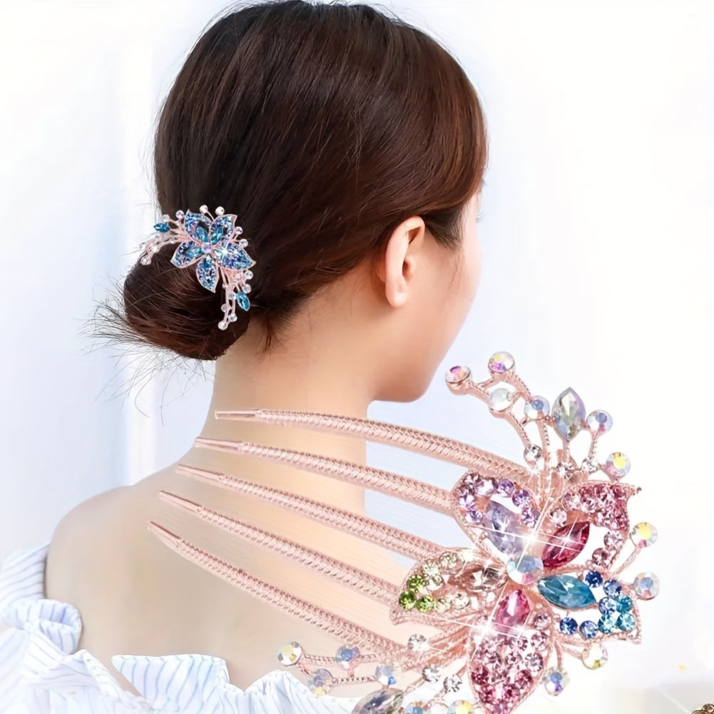 Woman wearing a decorative hair accessory with colorful gemstones on a white background