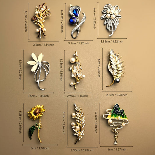Collection of various brooches with measurements on a brown background