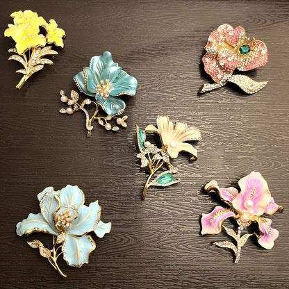 6pcs Rhinestone Flower Brooch Set - KC Golden Plated Pin Collection