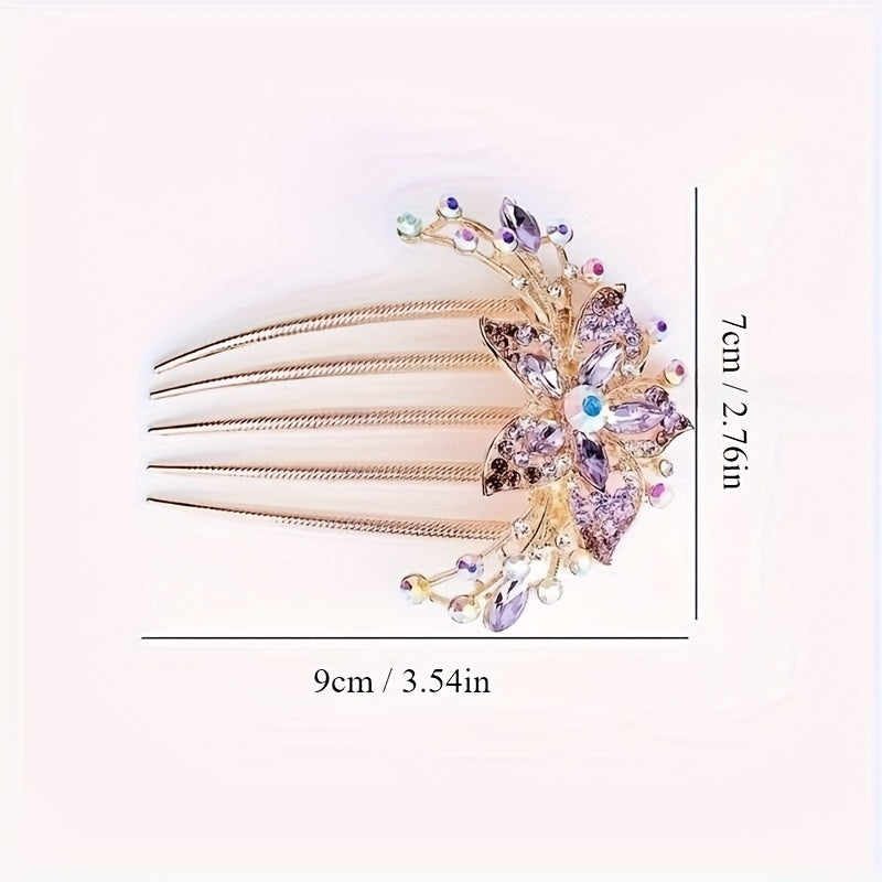 Decorative hair comb with gemstones and measurements on a white background