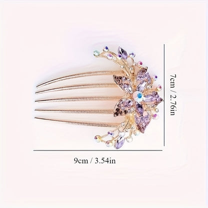Decorative hair comb with gemstones and measurements on a white background