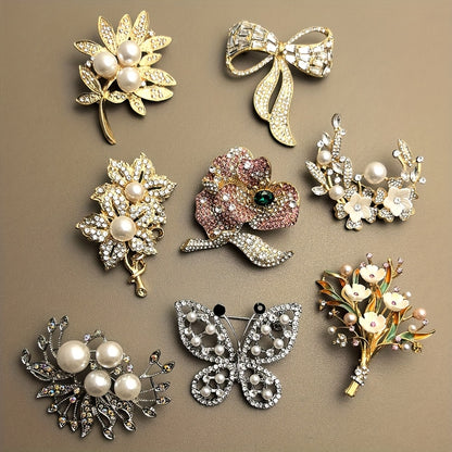 8pcs Flower Brooch Set - Multicolor Gemstone & Pearl Rhinestone Pins