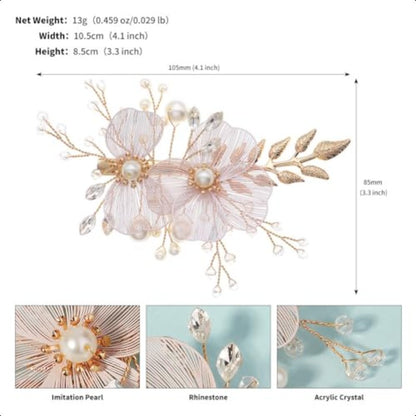 Rose Gold Wedding Hair Clip - Rhinestone Bridal Hairpiece with Leaf & Flower