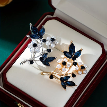 Elegant Leaf Brooch - Deep Blue Rhinestone KC Golden Plated Pin