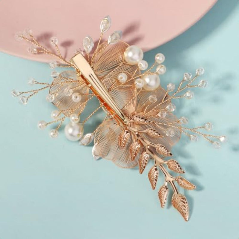 Rose Gold Wedding Hair Clip - Rhinestone Bridal Hairpiece with Leaf & Flower
