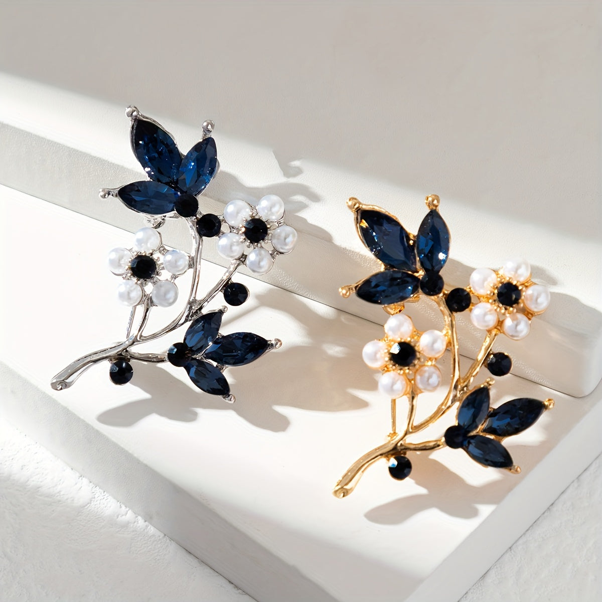 Elegant Leaf Brooch - Deep Blue Rhinestone KC Golden Plated Pin