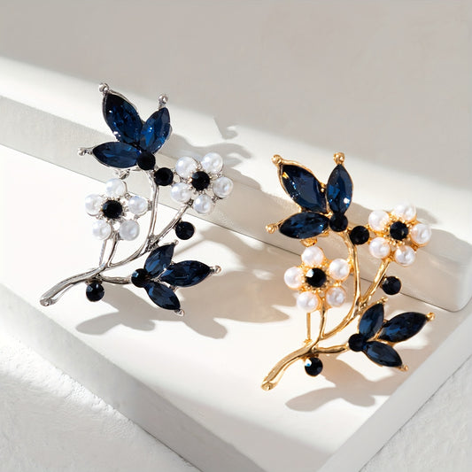 Elegant Leaf Brooch - Deep Blue Rhinestone KC Golden Plated Pin