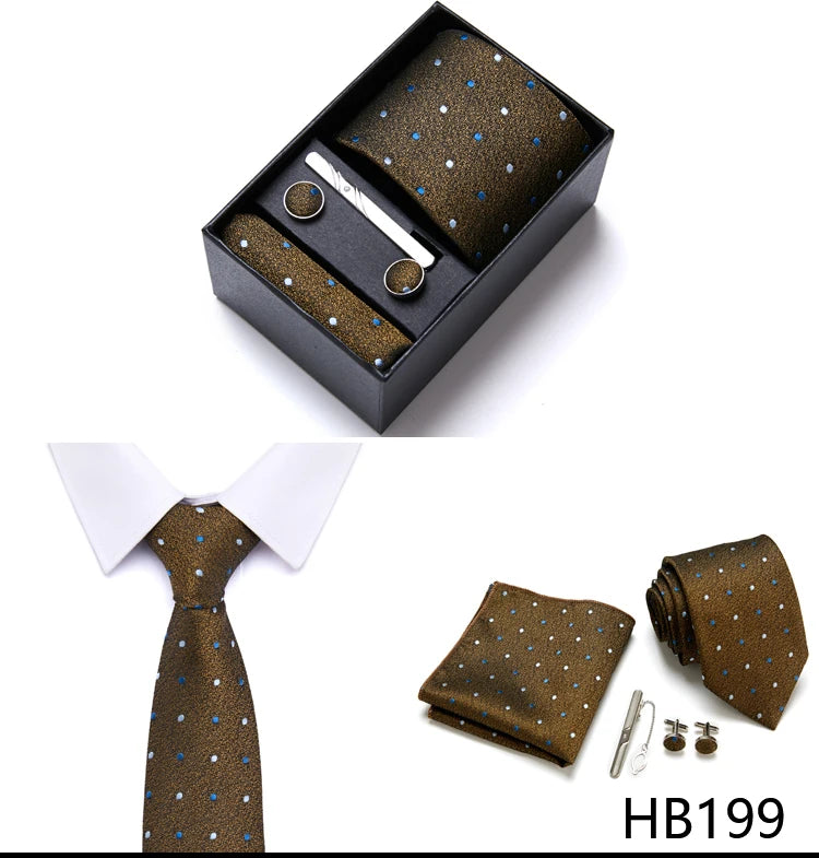 Top Grade Holiday Gift Box 7.5 cm Green Print Tie Pocket Squares Cufflink Set Gravatas Man Suit Accessories Fit Formal Party - BOC-WEAR