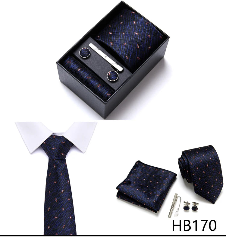 Top Grade Holiday Gift Box 7.5 cm Green Print Tie Pocket Squares Cufflink Set Gravatas Man Suit Accessories Fit Formal Party - BOC-WEAR