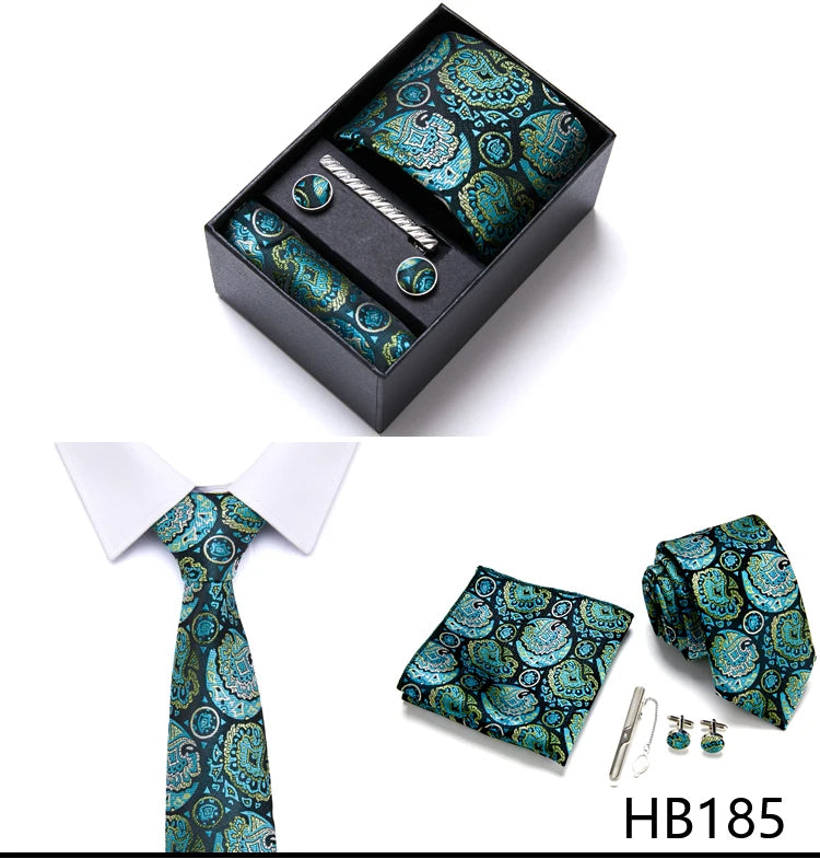 Top Grade Holiday Gift Box 7.5 cm Green Print Tie Pocket Squares Cufflink Set Gravatas Man Suit Accessories Fit Formal Party - BOC-WEAR