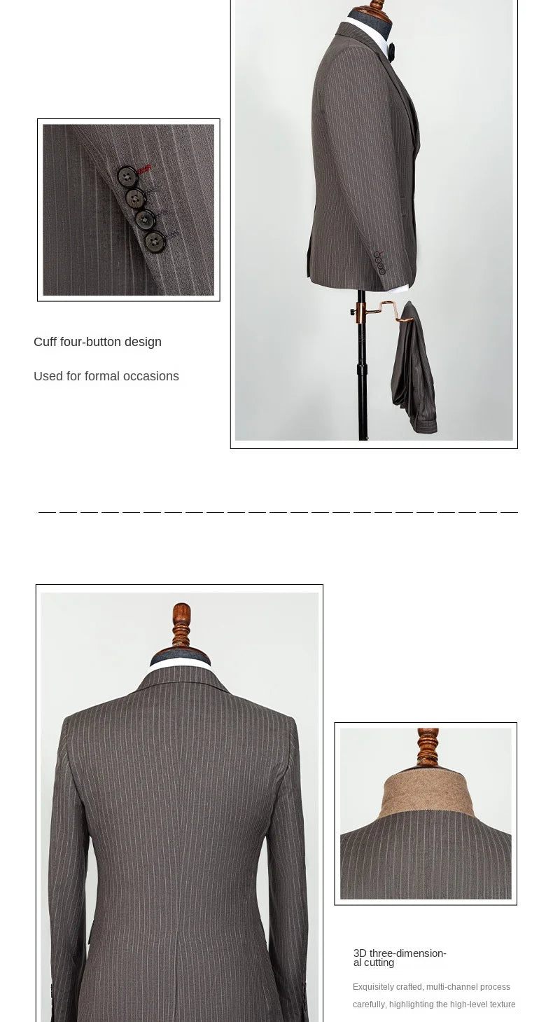 Men's Elegant Khaki Striped 3-Piece Suit - High-End Casual Professional Business Suit Set - BOC-WEAR