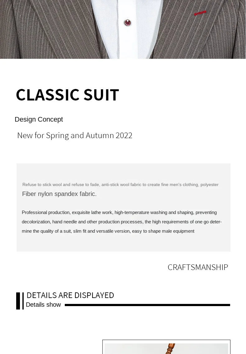 Men's Elegant Khaki Striped Three-Piece Suit High-End Casual Professional Style Adults Flat Front - BOC-WEAR