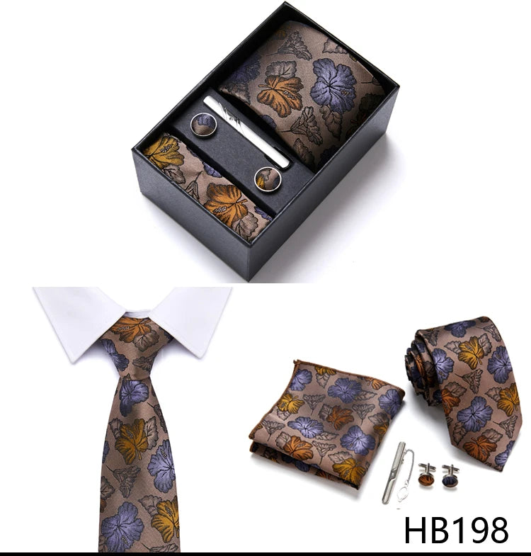 Top Grade Holiday Gift Box 7.5 cm Green Print Tie Pocket Squares Cufflink Set Gravatas Man Suit Accessories Fit Formal Party - BOC-WEAR