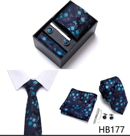 Top Grade Holiday Gift Box 7.5 cm Green Print Tie Pocket Squares Cufflink Set Gravatas Man Suit Accessories Fit Formal Party - BOC-WEAR