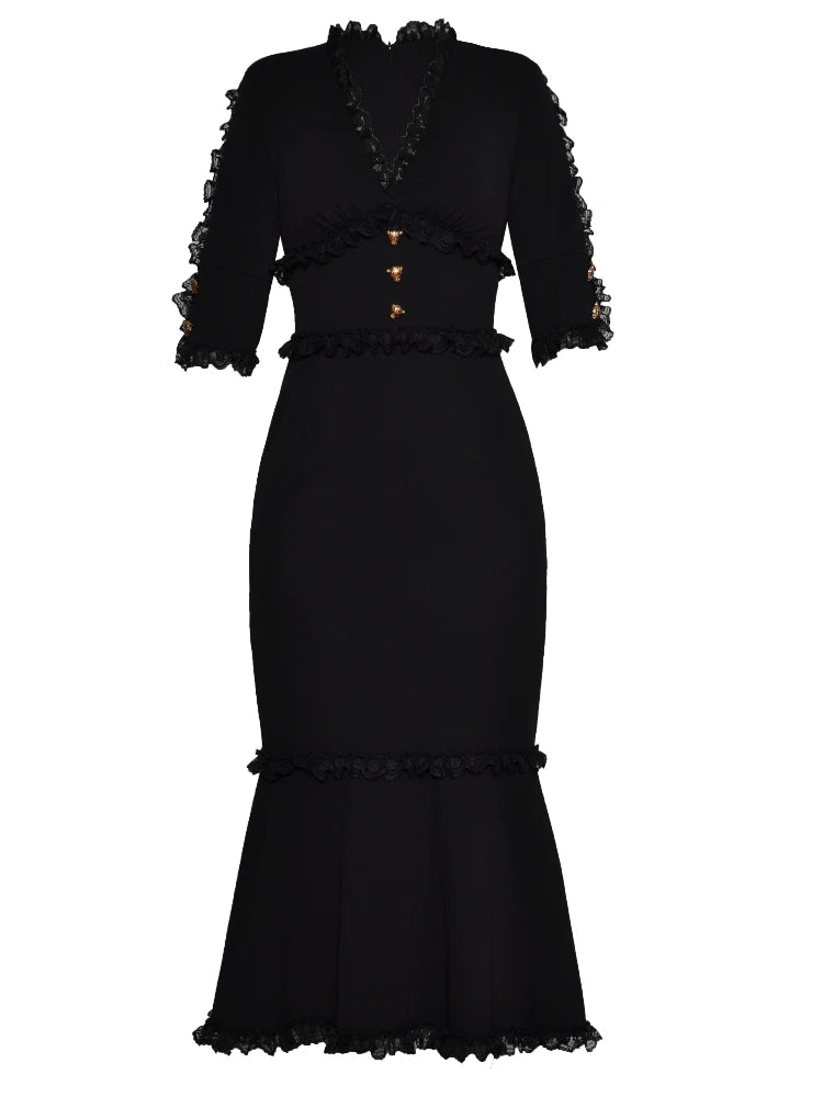 BOC-WEAR Black Fishtail Evening Dress - Leopard Button V-Neck Gown - BOC-WEAR