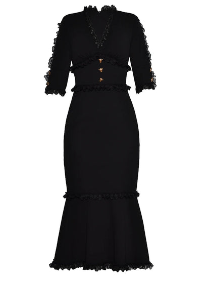 BOC-WEAR Black Fishtail Evening Dress - Leopard Button V-Neck Gown - BOC-WEAR