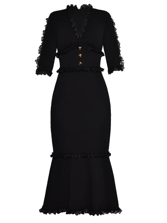 BOC-WEAR Black Fishtail Evening Dress - Leopard Button V-Neck Gown - BOC-WEAR