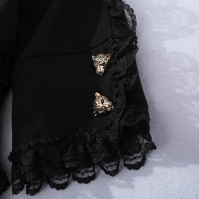 BOC-WEAR Black Fishtail Evening Dress - Leopard Button V-Neck Gown - BOC-WEAR